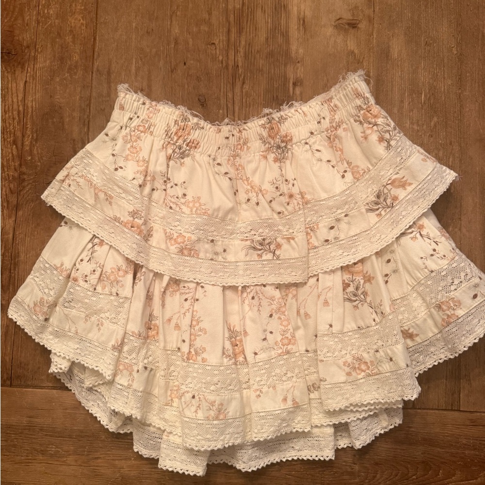 LoveShackFancy Small Floral Tiered Lace Mini Skirt - Cream with Soft Peach Print - Picture 1 of 2